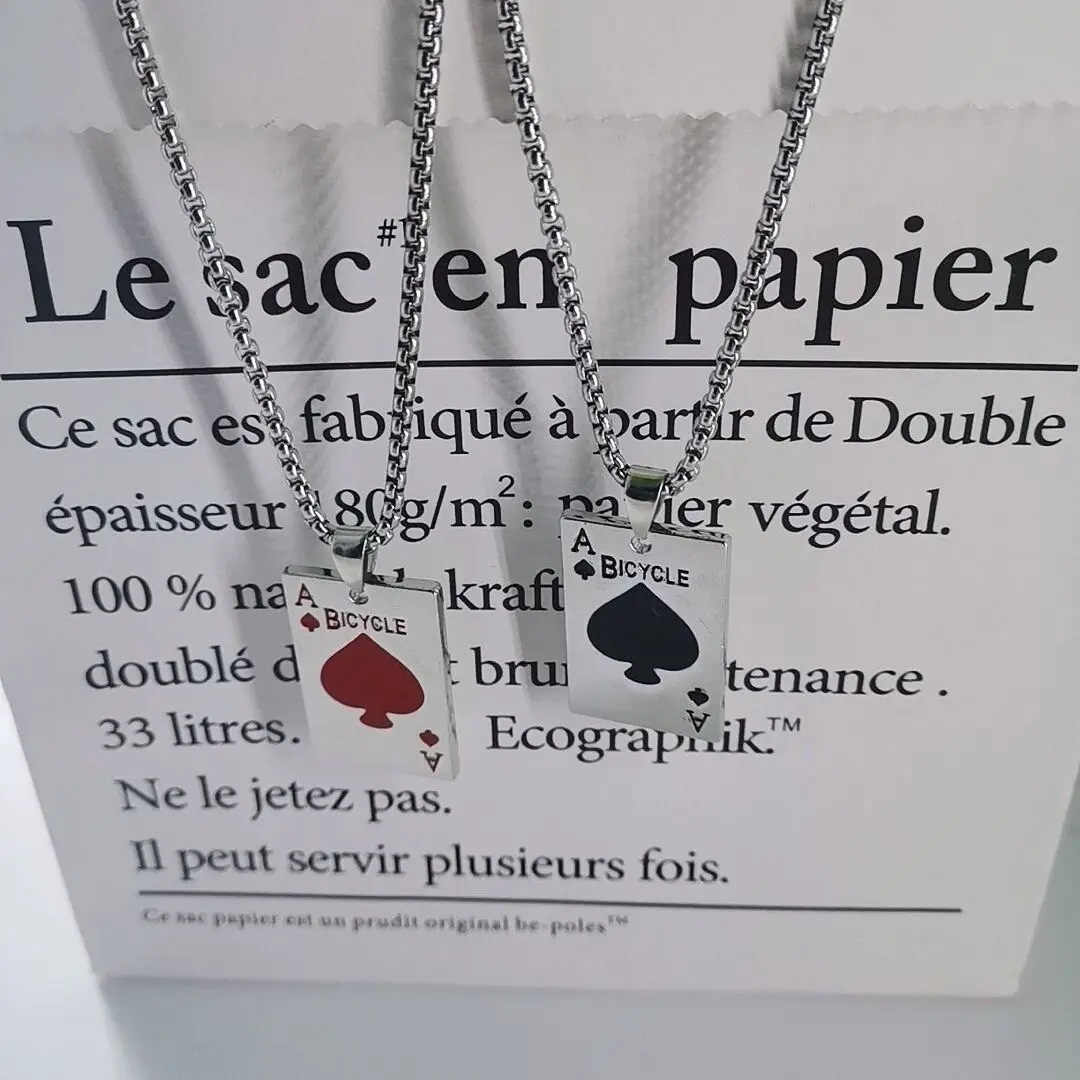 

Ace of Spades Pendant Necklace 2Pcs Men Red Black Lucky Poker Silver Playing Cards Long Chain Hip-hop Accessories Jewelry Gift
