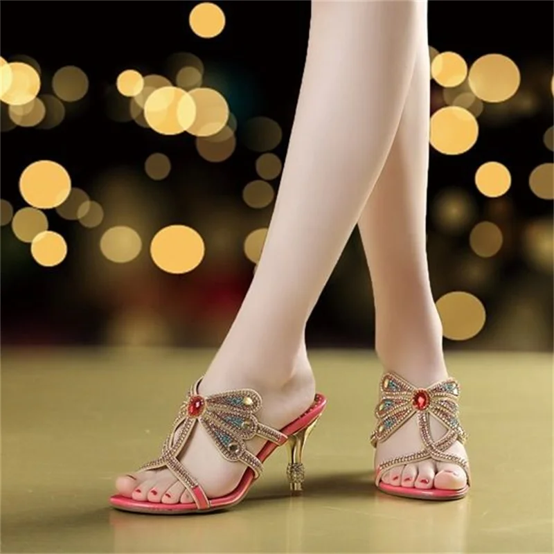 Summer Rhinestone Sandals Genuine Leather Glitter Women Open Toe Sandals High Heels Party Shoes Gladiator Sandals Wedding Shoes