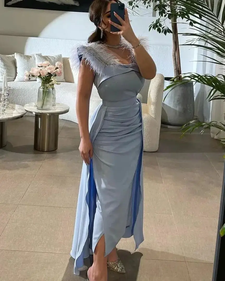 

Lovestory Vestidos De Gala Prom Dress for Women 2023 Feathers Off Shoulder Evening Dresses Ruched Side Slit Special Dinner Party