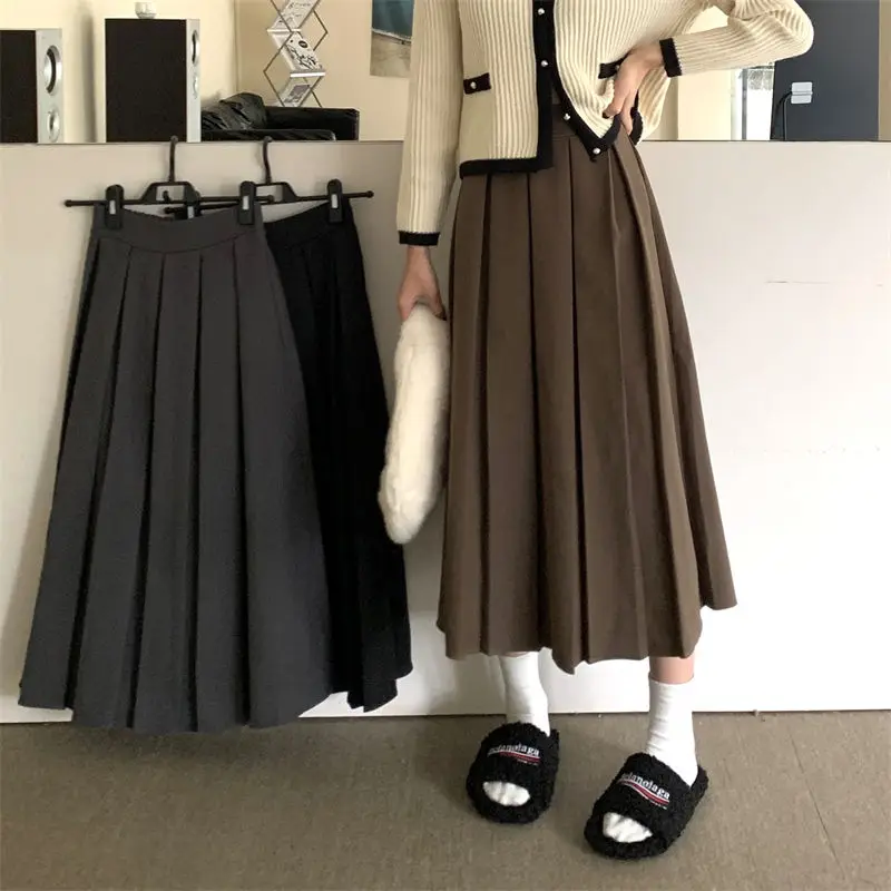 

Solid Pleated Elastic Waist Midi Long Skirt 2023 woman y2k skirts women stylish fashion korean clothes summer vintage uniform jk