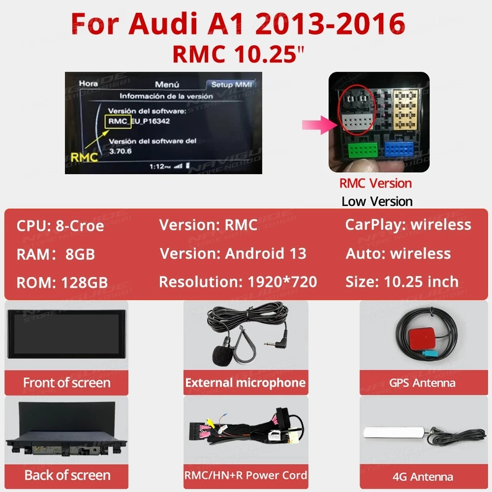 

NAVIGUIDE 10,25 "Android 13 для Audi A1 2013-2016 RMC HN + R автомобильный мультимедийный плеер беспроводной Carplay Android Auto умные автомобильные системы