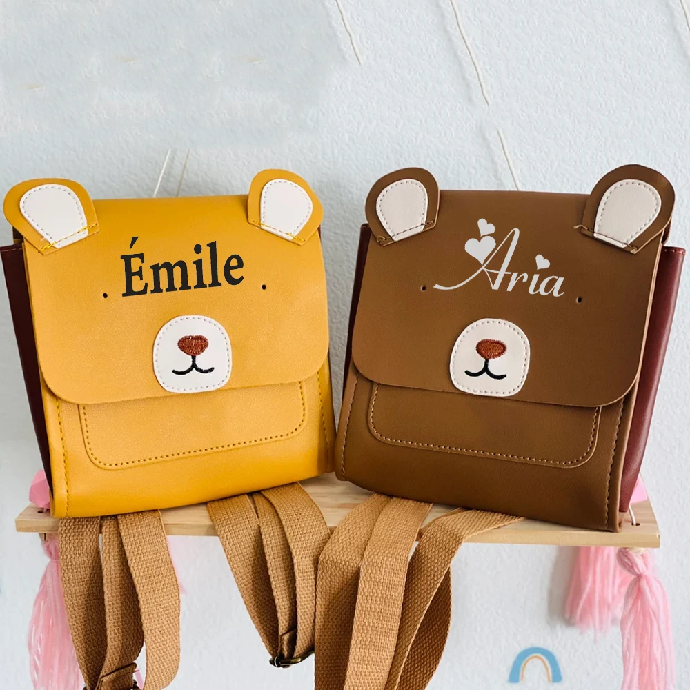 Personalized Teddy Bear Leather Backpack Kids Brown Cute Backpack My First Bag Custom Name Child Kindergarten Shoulder Bags