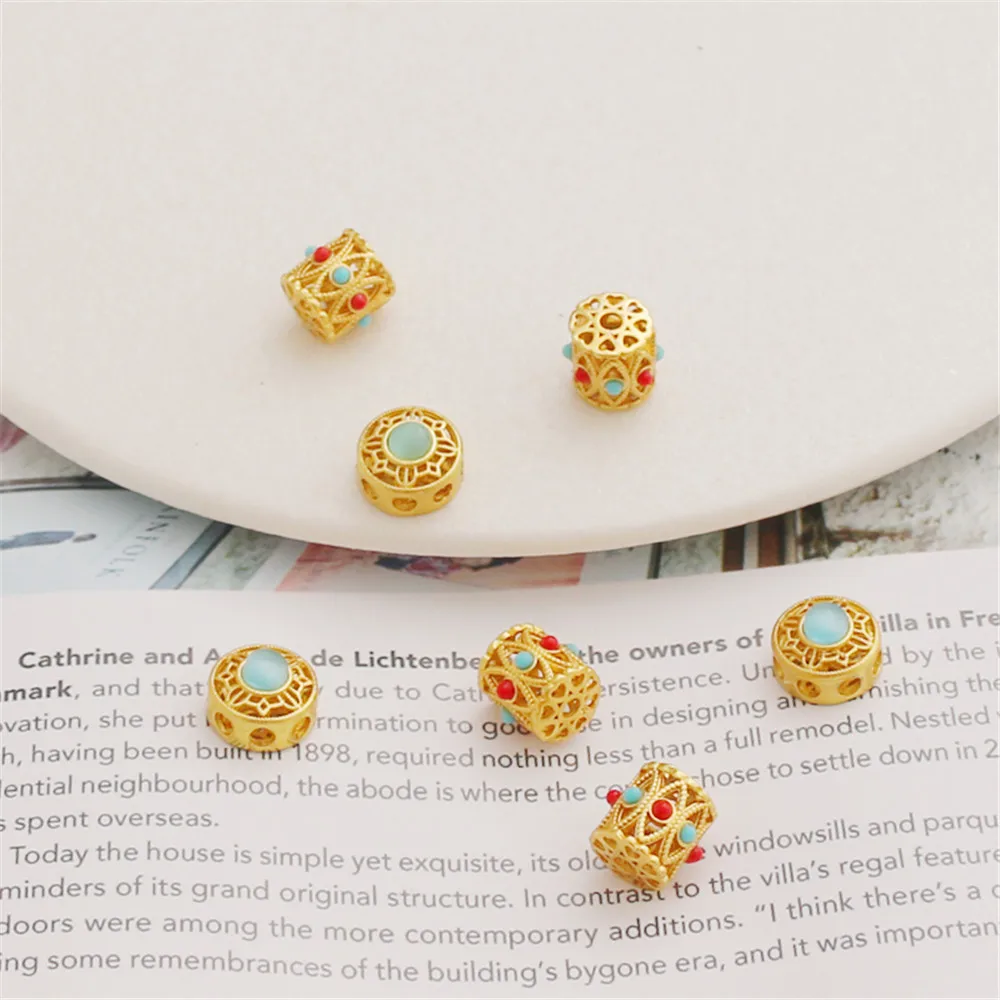 

18K Gold Plated Matte Gold Hollowed Out 10mm Zircon Through Hole Barrel Bead DIY Separated Bead Bracelet Necklace Accessories