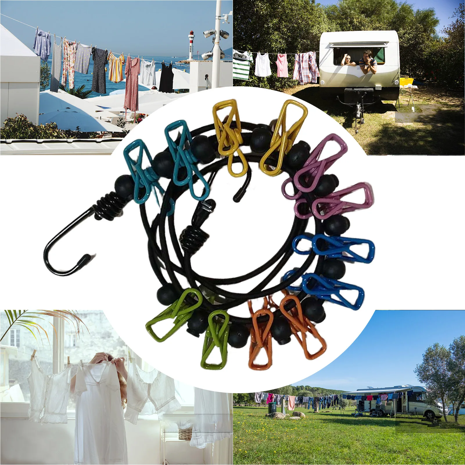 Retractable Travel Clothesline Stretchy Clothes Line with 12 Clothespins Indoor Laundry Drying Rope Outdoor Camping RV Road Trip