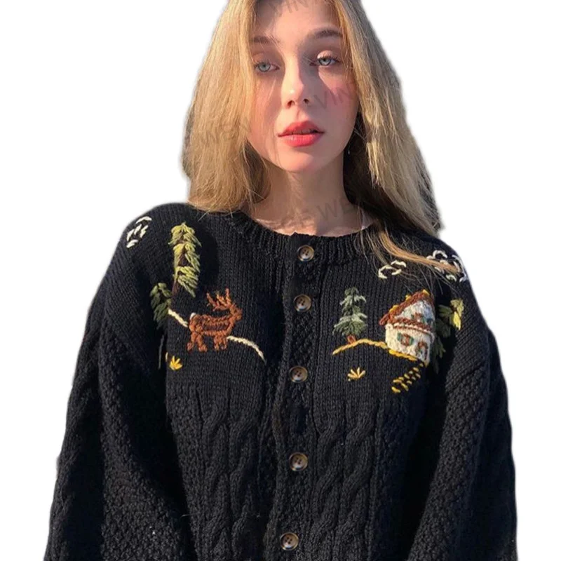 Retro Heavy Industry Personalized Deer Embroidered Knitted Cardigan Women's Fashionable Ins Sweater Coat