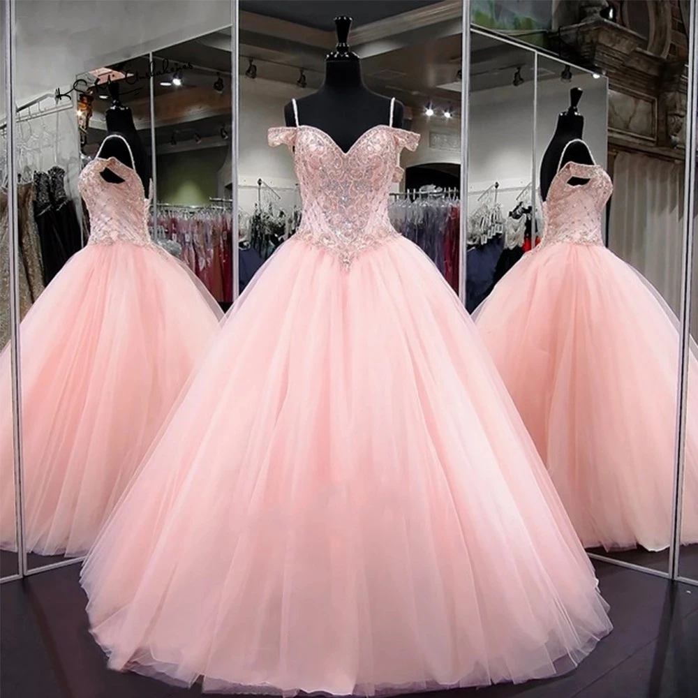 

GUXQD Pink Sweetheart Ball Gown Quinceanera Dresses Vestidos De 15 Anos Spaghetti Strap Beading Masquerade Birthday Party Gowns