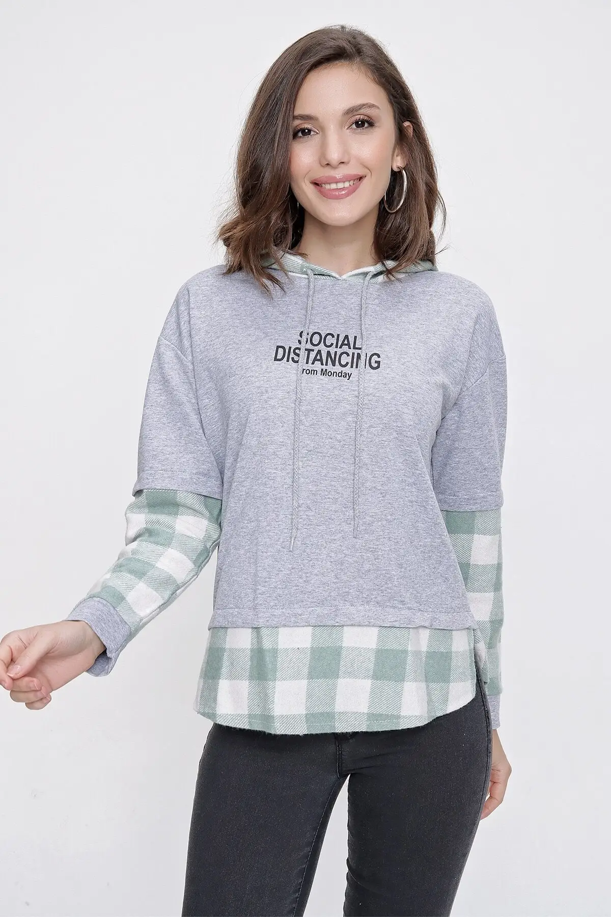 

Women's Sweatshirt Plaid Detailed Hoodie Green Hoodies Fashion All Season New Designer Pullovers Fleece Hoodies