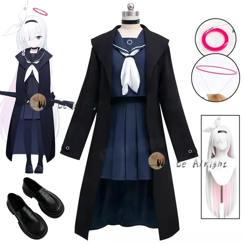 

Game Blue Archive Purana Cosplay Costume Black Arona JK Long Trench Coat Women Sailor Skirt Outfit Full Set Wig Shoes Halloween