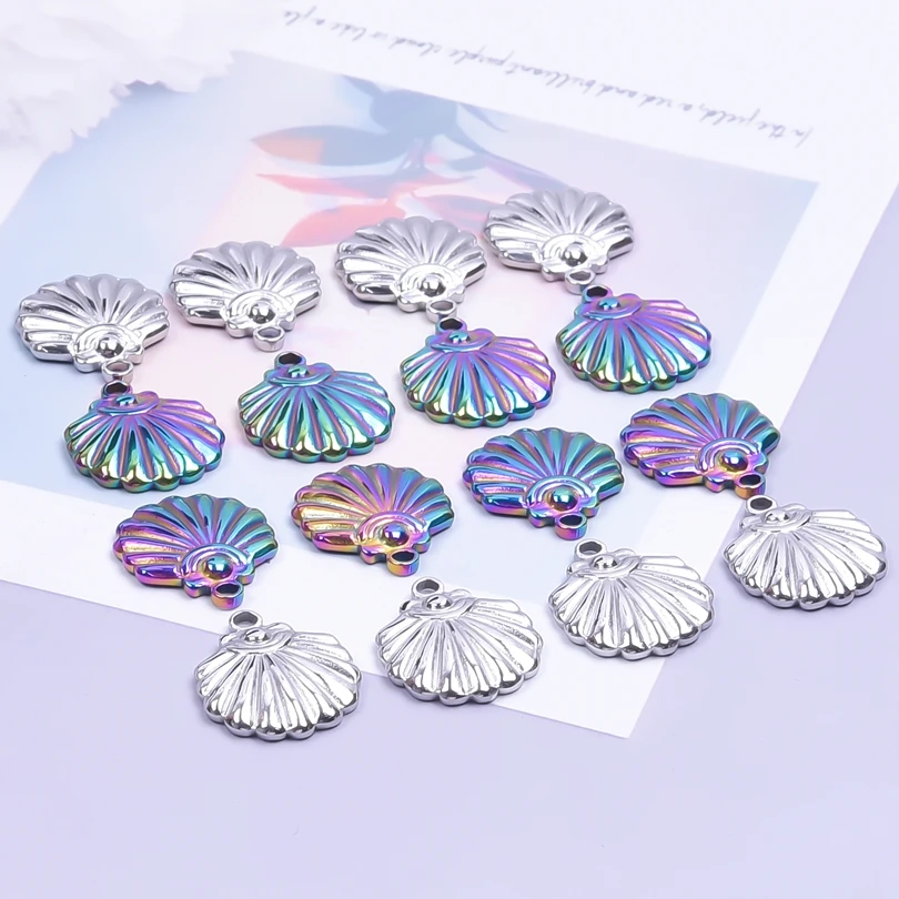 

1/2Pcs Fashion Marine Scallop Creature Seashell Rainbow Silver Color Charms Stainless Steel Pendant For Necklace Making Material