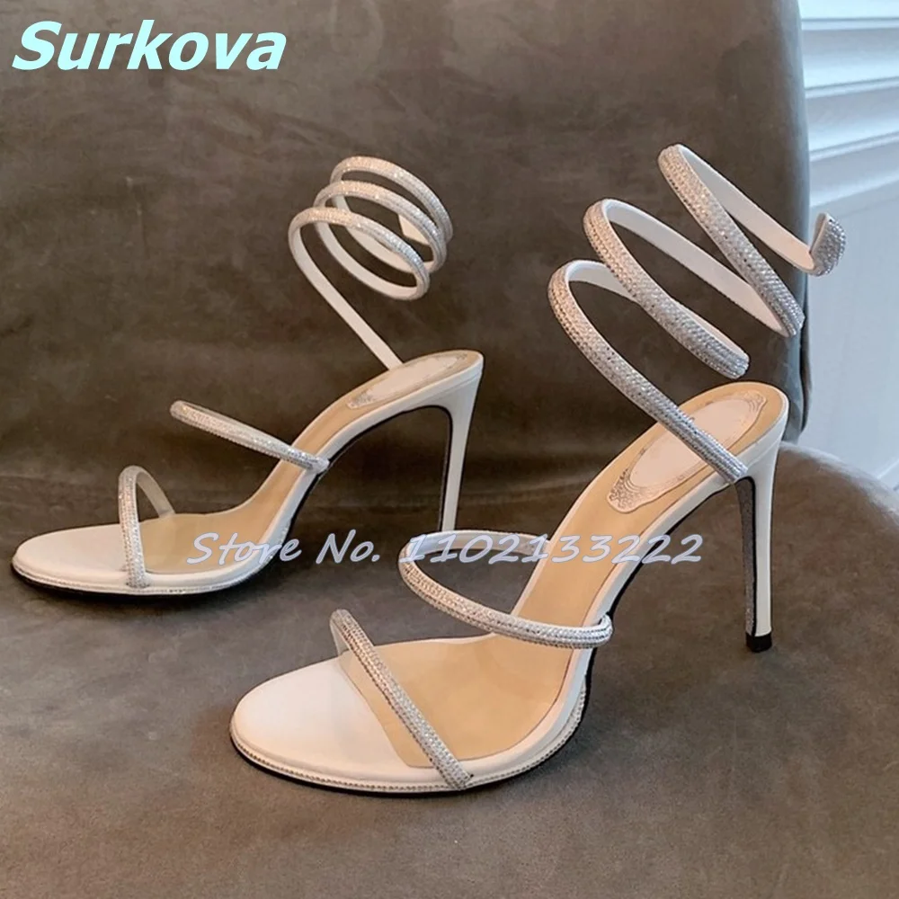 Bling Ankle Wrap Sandals Round Toe Slingbacks Thin High Heels Stilettos Summer Fashion Sexy Luxury Women Shoes Real Pictures