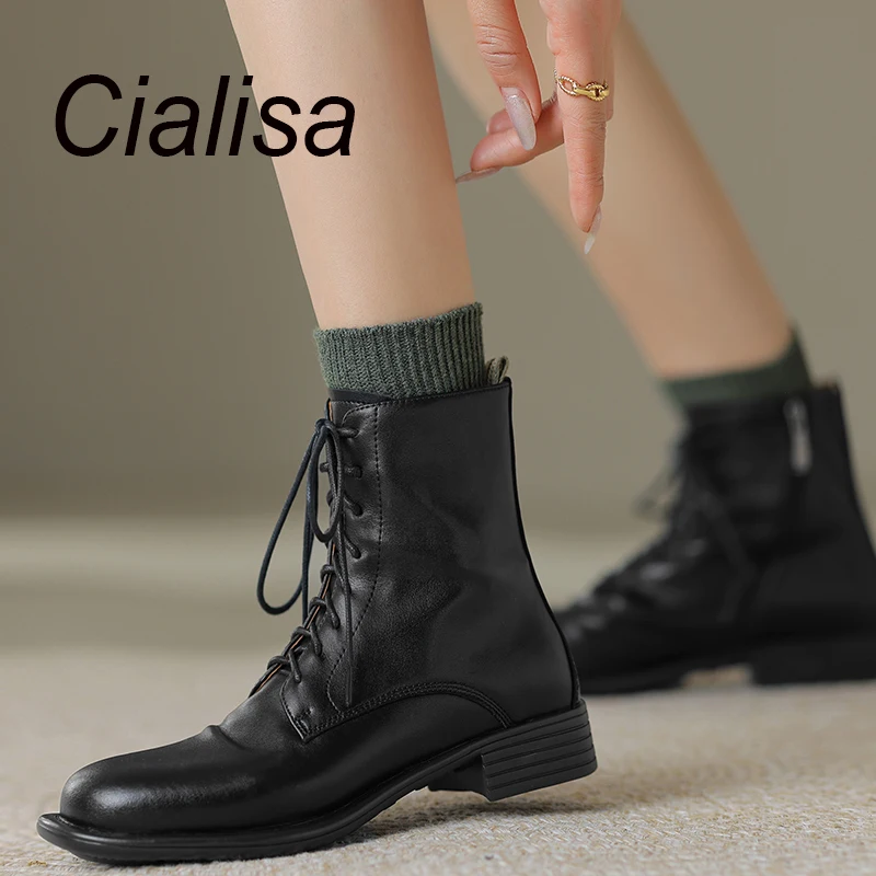 

Cialis Concise Women Shoes Short Boots Round Toe Lace Up Zipper Black Genuine Leather Ankle Boots For Lady 40 2023 Autumn Winter