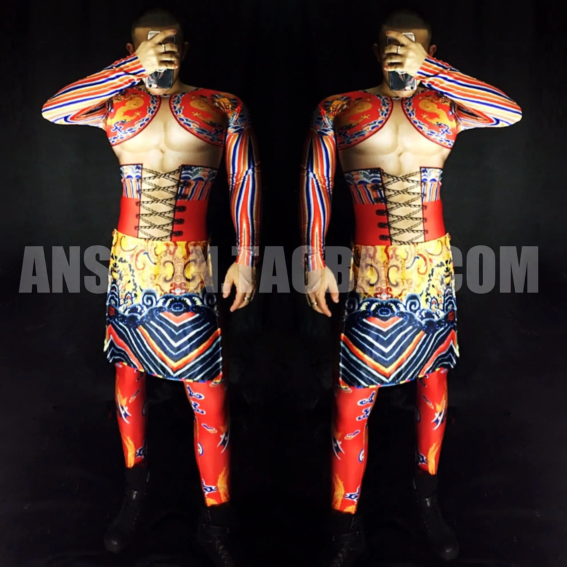 Men's Chinese Style Dragon Robe Striped Bodysuit+Apron 2pcs Bar Nightclub DJ GoGo 3D Muscle Abs Party Male Singer Stage Clothing