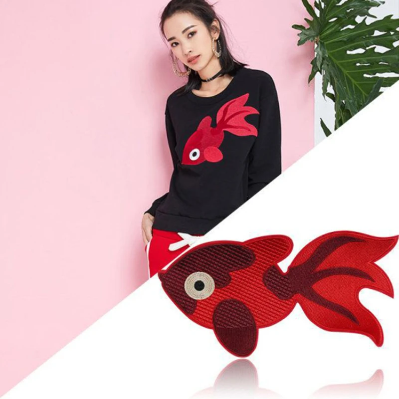 

Cute Red Fish Embroidery Patches for Clothing Iron on Transfer Stickers Appliques Sew on Clothes Dress Sweater Decoration Decal
