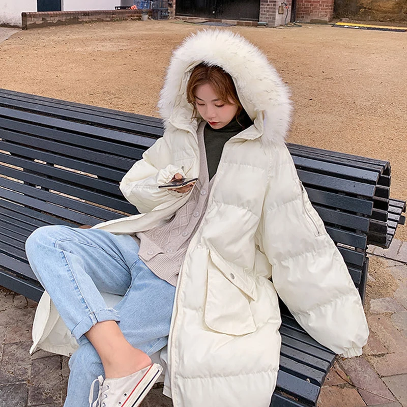 Long Parkas Women Fur Collar Korean Fashion Thicken Warm Jacket Women 2022 Winter Oversized Black White Outwear Female Y944