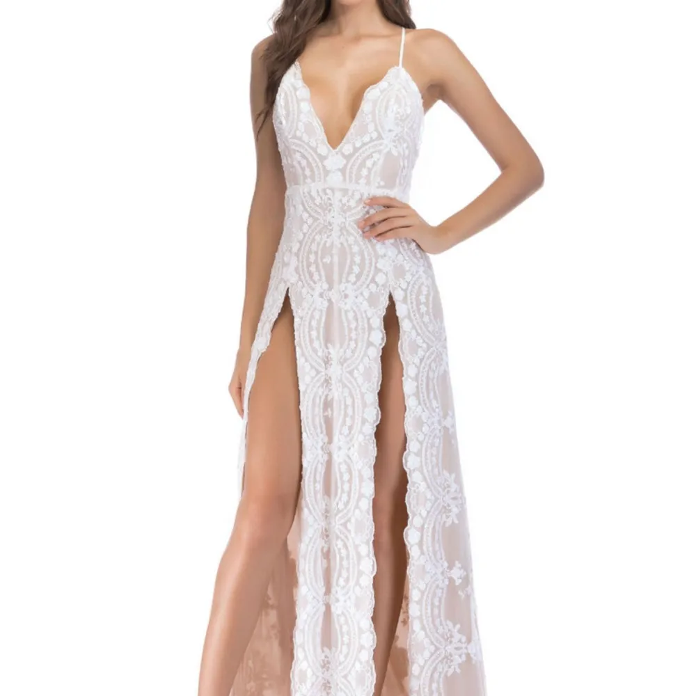 

Женское платье-Русалка с высоким разрезом, белое платье на тонких бретельках, женское платье со шлейфом