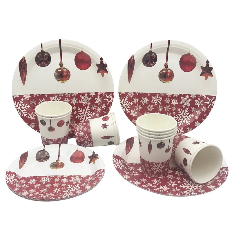 

Merry Christmas Party Disposable Tableware Snowflake Paper Plates Cups Xmas Party Decor Happy New Year Eve Christmas Supplies