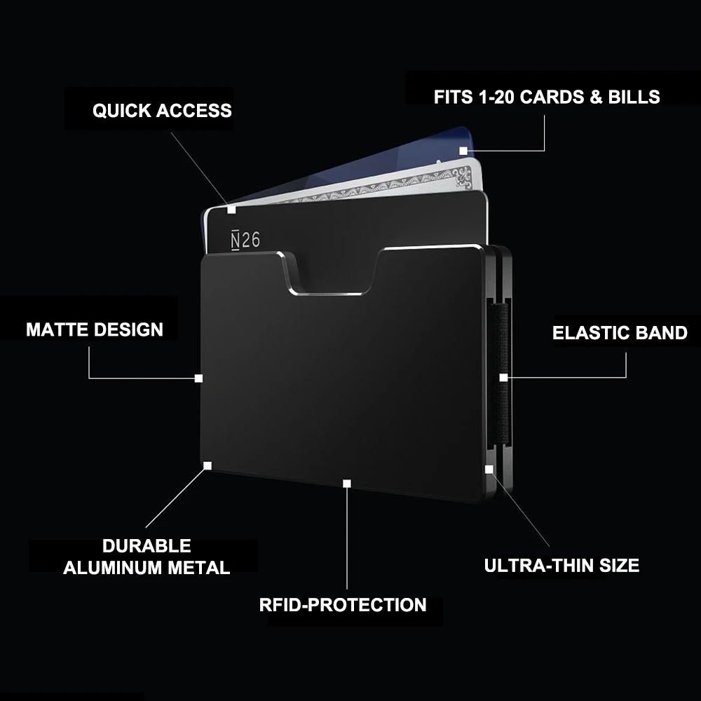 CASEKEY Aluminum Wallet Luxury Metallic Slim Card Holder Black Matte Aluminum Alloy Credit Card Case RFID Wallet for Men Women