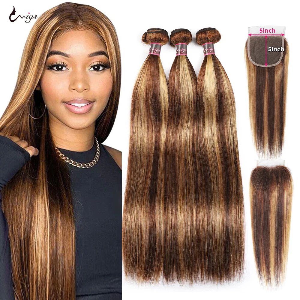 

Uwigs Highlight P4 27 Bundles With Closure 5x5 Closure With Bundles Straight Bundles Human Hair Transparent Lace Ombre Remy Hair