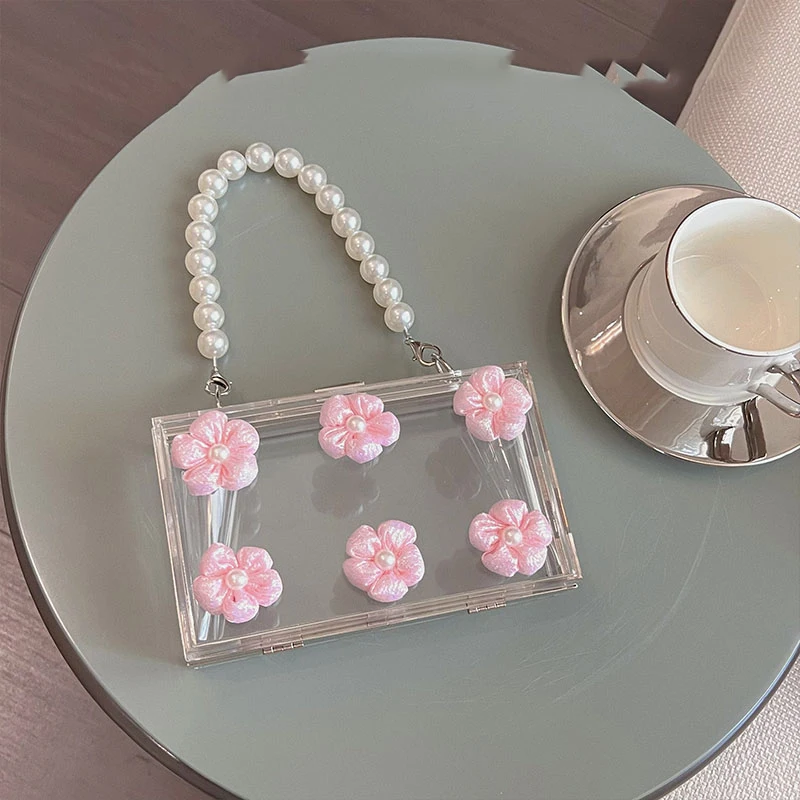 

TOBO Summer Vintage Transparent Acrylic Flower Box Designer Handbags Small Square Banquet Handmade Pearl Handheld Crossbody Bag