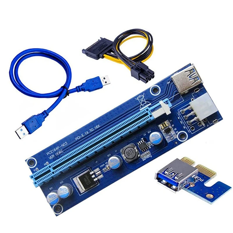 

006C Pcie 1X A 16X Express Riser Card Graphics Pci-E Riser Extender 60Cm USB 3.0 Cable Sata A 6Pin Power Para BTC Mining