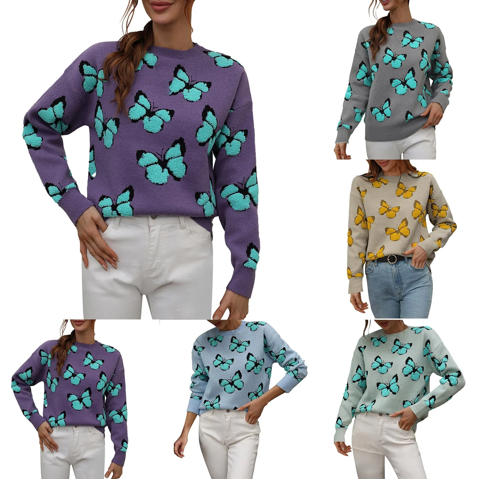 

Women's Long Sleeve Crew Neck Butterfly Pattern Knit Pullover Sweater Tops 12 Gift