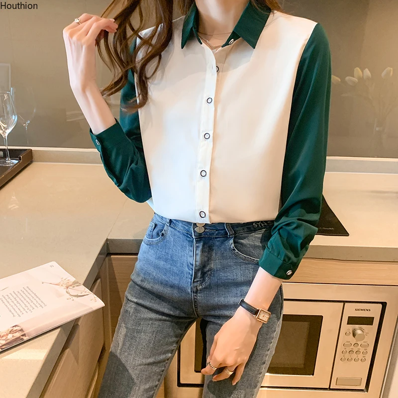 

Chiffon Women's Blouse Fashion Button Loose Shirt Stitching Long Sleeve Summer Breasted Top Houthion