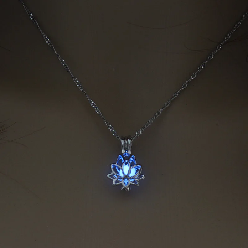 

Luminous Glowing In The Dark Moon Lotus Flower Shaped Pendant Necklace For Women Yoga Prayer Buddhism Jewelry