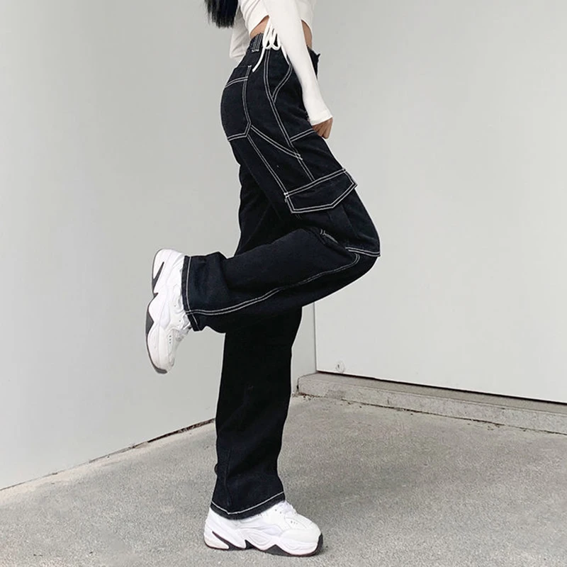 

Waist Denim Streetwear Black 2023 High Pockets Rimocy Long Trousers Woman Jeans Wide Leg Women Pants Straight Harajuku Cargo