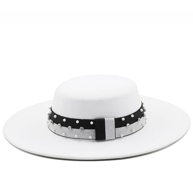 

Autumn Winter 9.5cm Flat Wide Brim Fedoras Women's Felt Hat Ladies Sombrero Jazz Male Bowler Hat Outdoor Vintage Top Hats