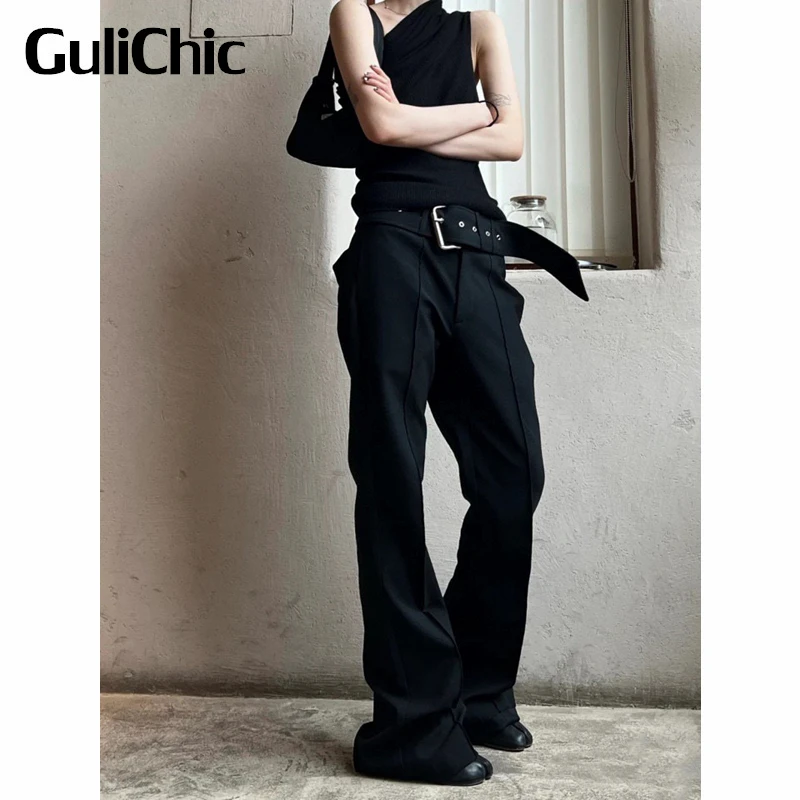 

8.5 GuliChic Women High Street Solid Color Casual Back Split Flared Pants With Belt