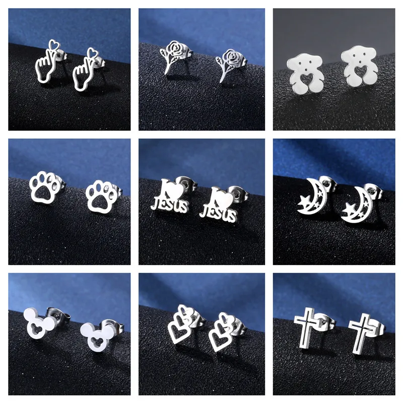 

Vintage Peach Heart Bear Cross Earrings Trend Jewelry Gift Earrings Punk Jewelry for Cool Women Girl Friendship Gifts