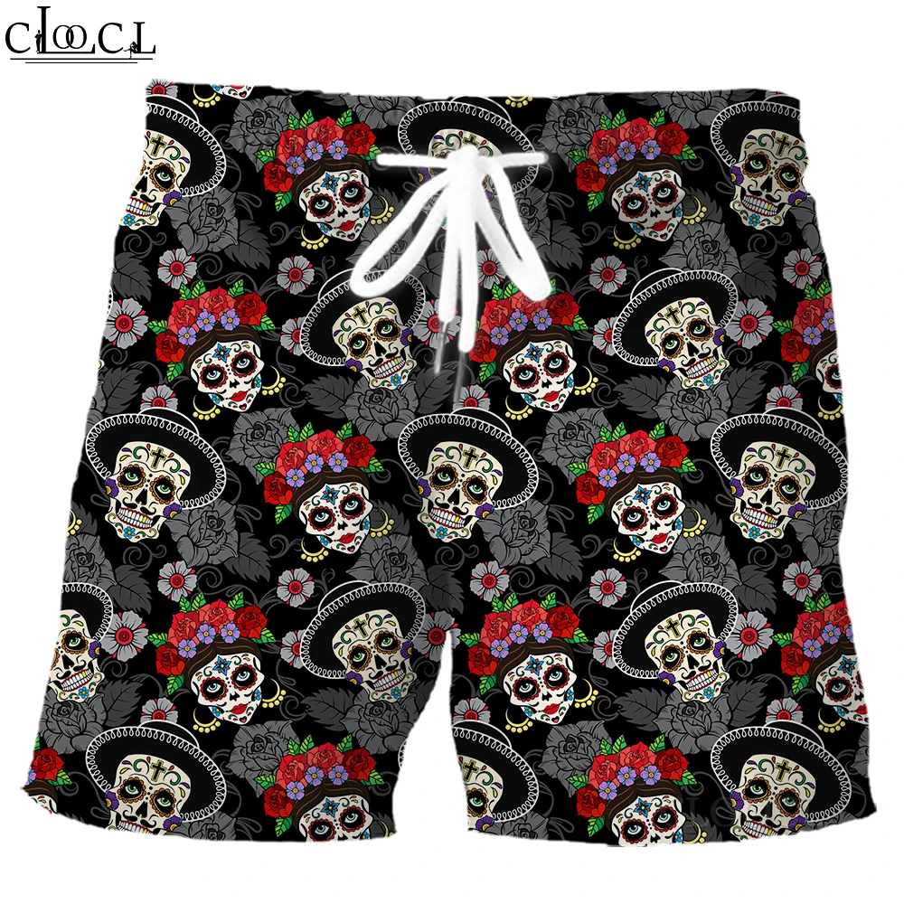 

HXFashion Mens Shorts Mexican Day of the Dead Skull Printed Pants Elastic Pockets Beach Shorts Men Clothing Festival Gifts