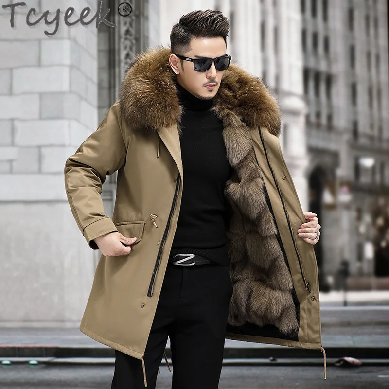 Зимняя мужская куртка Tcyeek с воротником из меха енота 2023 теплое пальто со съемной