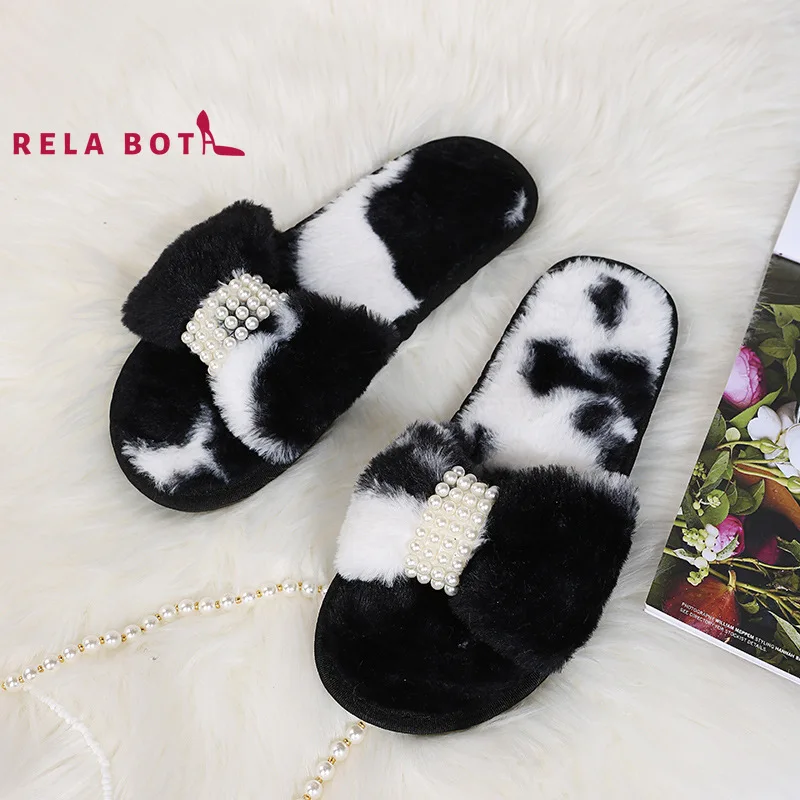 

Furry Slides Pearl Open Toe Cow Word Home Comfortable Flat Suede Mop Furry Slides Women Fashion Shoes Coloured Cow Pearl Veneer
