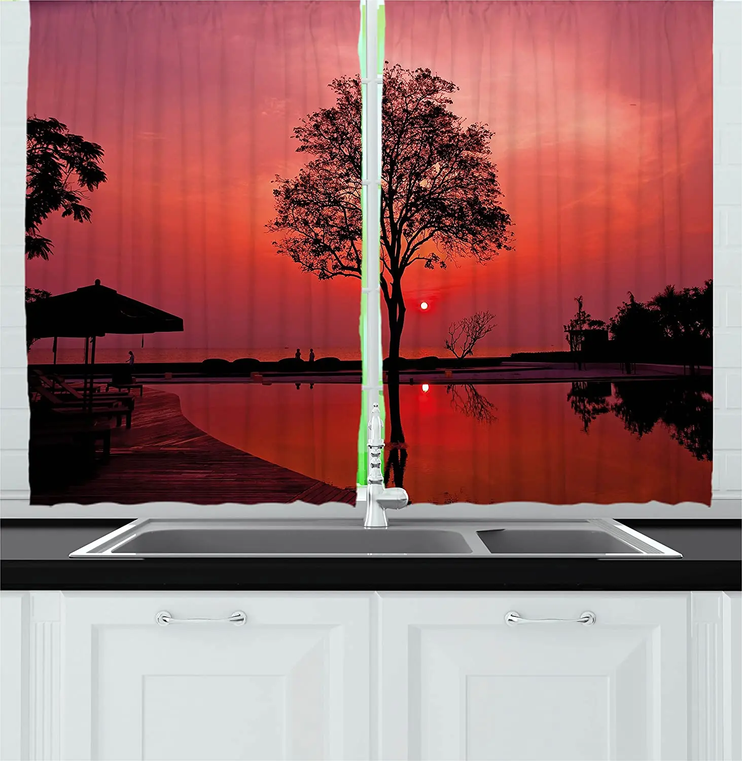 

Blackout Curtains Silhouette of Hazy Twilight Sky with Trees and Natural Reflection Image Kitchen Cafe Curtains