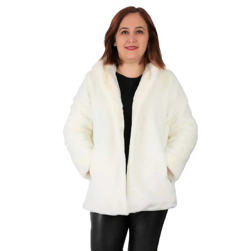 Fierte Women Large Size Coat Ynts2027 Hooded Lock Closure Pocket Lining Faux Fur Winter Thick Warm White