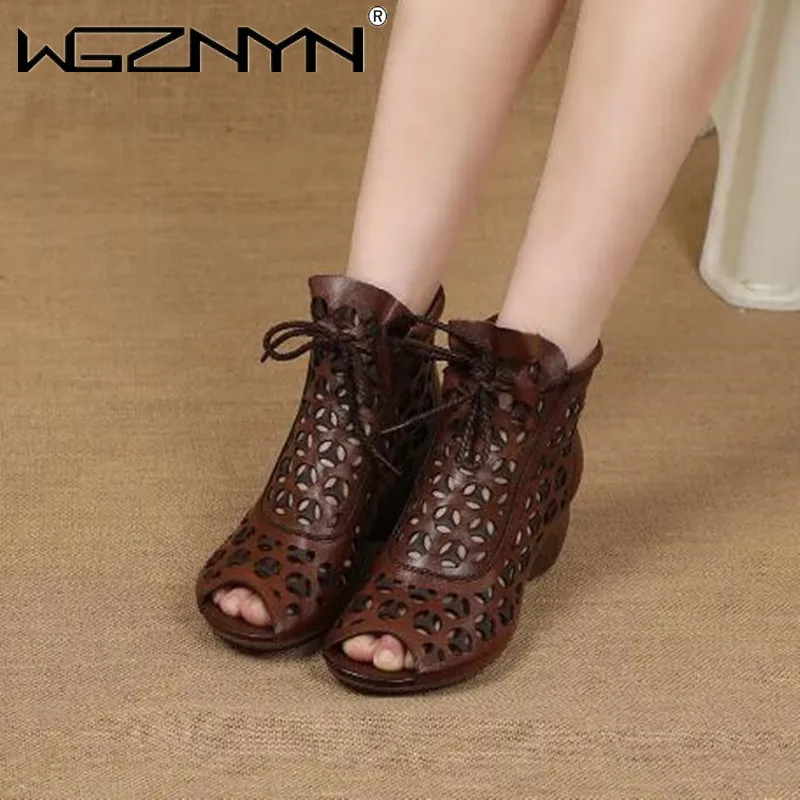 

2022 Fashion Retro Ladies Sandals Hollow-Out Gladiator Sandals Women Flat Shoes Open Toe Genuine PU Leather Summer Cool Boots