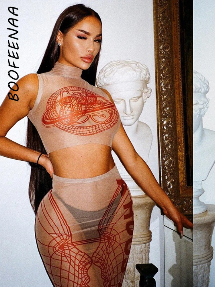 

BOOFEENAA Fashion Printed Sheer Mesh Dress Sets Sexy Club Outfits for Women Summer Two Piece Sets Crop Top and Skirts C66-CD13