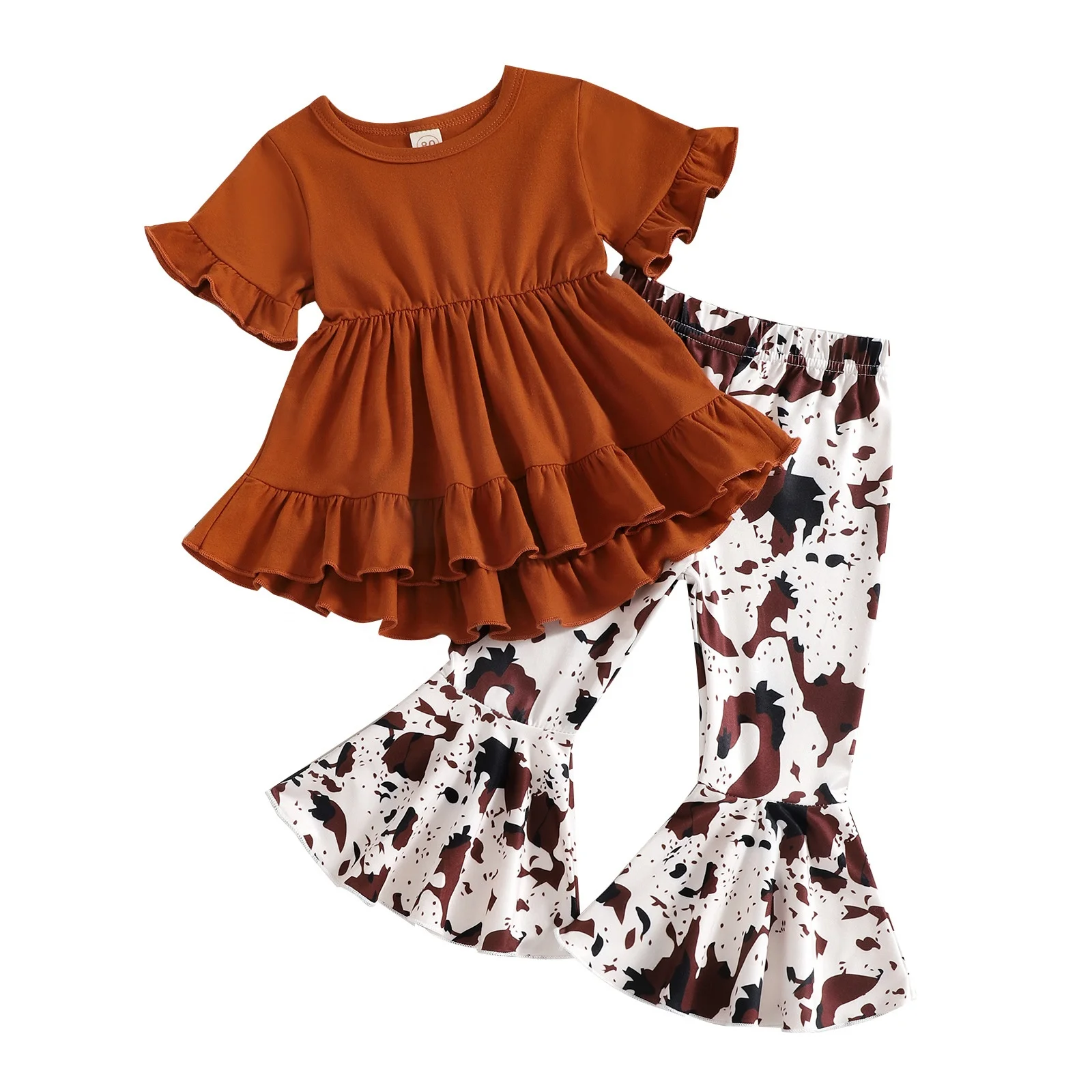 

Children's Girls Clothing Orange Round Neck Petal Short Sleeve Design Bottom With Skirt, Matching Milk Smudge Flared Pants Set