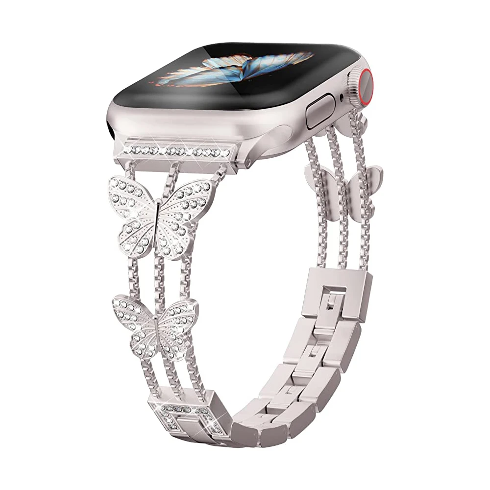 Xasiy Compatible With Apple Watch Strap 38mm 40mm 41mm 42mm 44mm 45mm 49mm Vrystal Sparkly Butterfly Girls Jewelry Metal Band