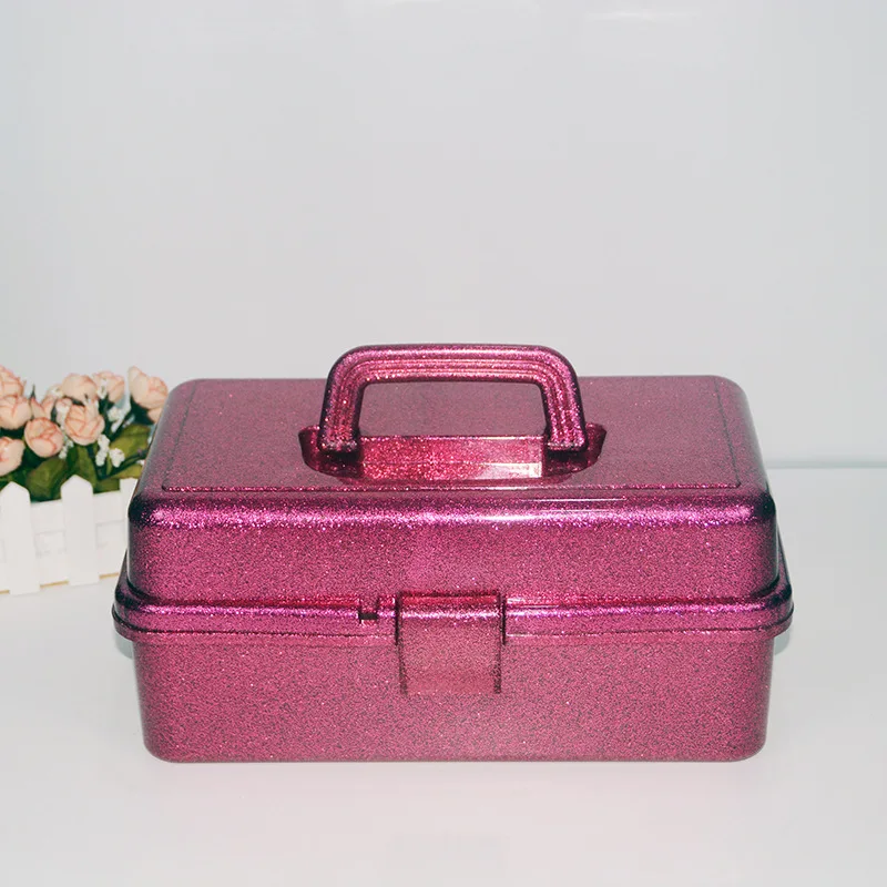 

Блестящий розовый ящик для хранения инструментов для рукоделия, 3-слойный штабелируемый ящик для переноски снастей, швейная коробка-органайзер для искусства