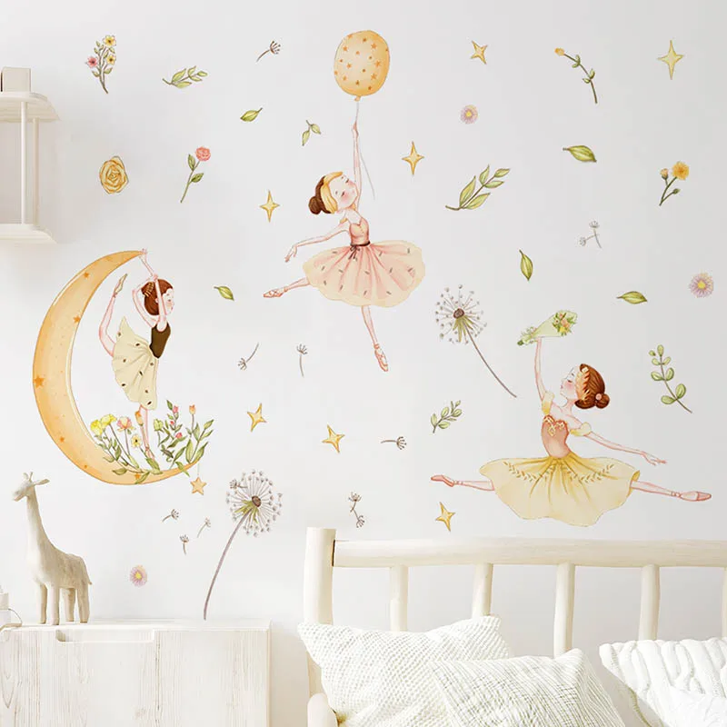 Little Girl Yellow Moon Star Wall Stickers Removable Vinyl Home Decor Living Room Bedroom