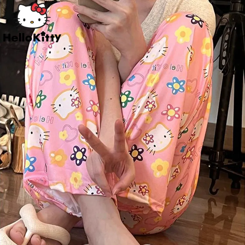 Sanrio Hello Kitty Pants Kawaii Cartoon Sleeping Pants Women New Casual Wear Outside Fashion Pants Loose Home Wide Pants Women