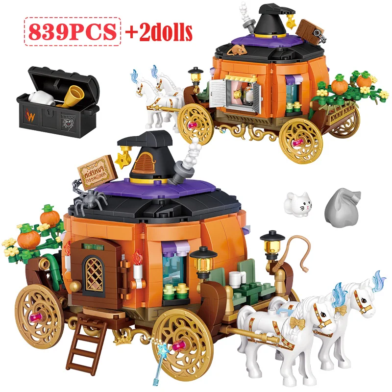 783pcs Mini Halloween Architecture Building Blocks City Friends House Cottage Pumpkin Carriage Figures Bricks Toy for Kids Gifts