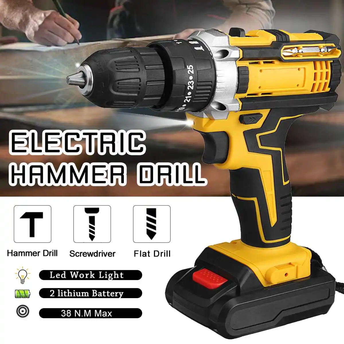 

Drillpro 2000RPM 21V Impact Electric Drill Variable Speed Impact Electric Screwdrivers Cordless Hammer Drill Lithium Battery