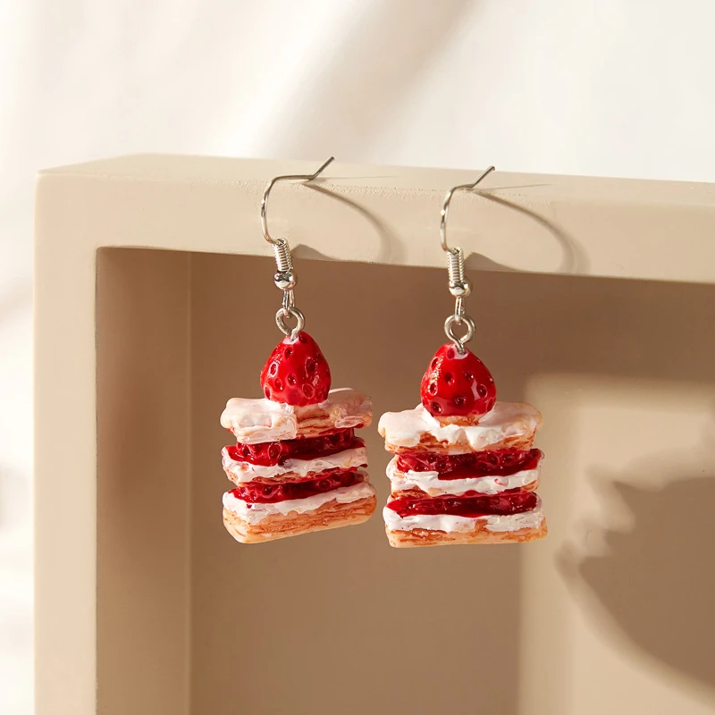 New Fashion Summer Women's Strawberry Cake Earrings Resin Handmade Cute Girl Children's Gift Biscuit Cake Food Donut Jewelry