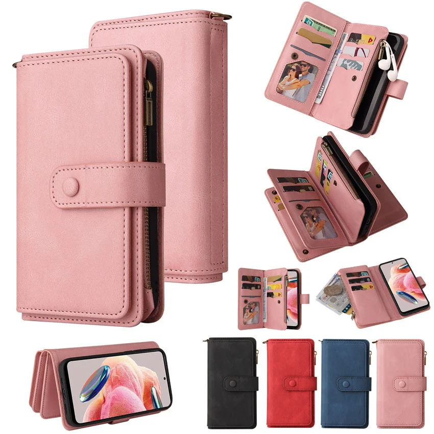 

Leather Zipper Wallet 15 Card Slot Case For Xiaomi Redmi A1 Plus Note 10 10A 10C 10S 11 11S 12 Pro 4G 5G 12C 11A Flip Cover Bag