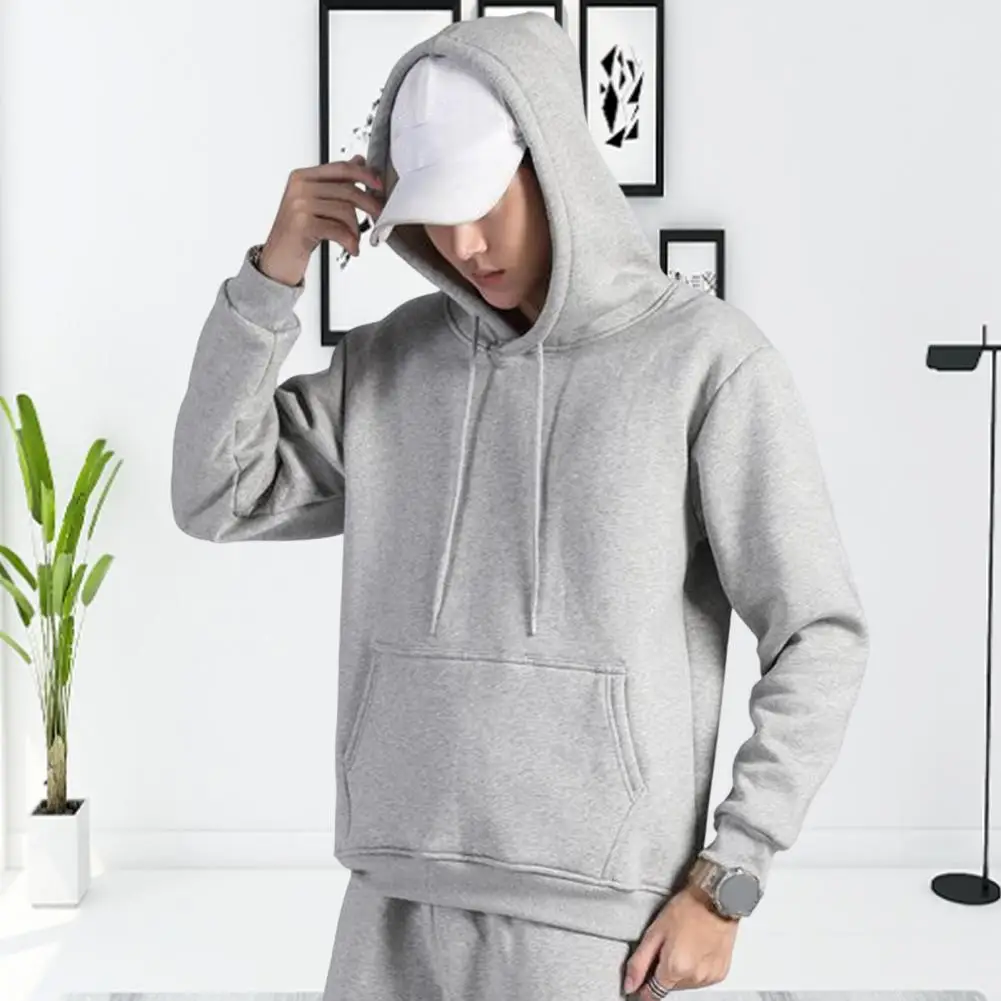 

Long Sleeves Men Winter Hoodie Soft Solid Color Drawstring Loose Hoodie Elastic Cuff Warm Plush Soft Hoodie For Daily Wear