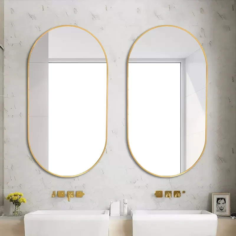 

Нордическое современное зеркало в золотой рамке для ванной комнаты, настенное зеркало для бритья и макияжа в ванной комнате, эстетическое нестандартное зеркало с орнаментом