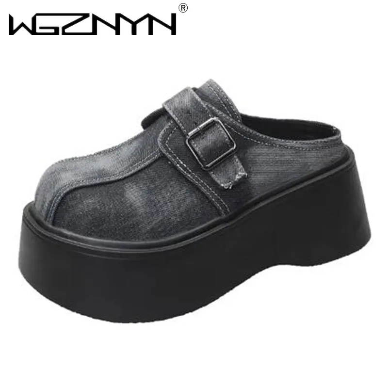 Джинсовые женские тапочки на танкетке роскошные массивные кроссовки 7 5 см